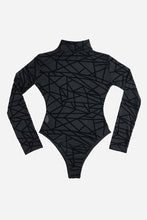 Load image into Gallery viewer, Black Sheer Mesh Geometric Velvet Bodysuit
