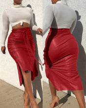 Load image into Gallery viewer, Button Slit PU Leather Midi Skirt
