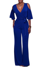 Load image into Gallery viewer, Blue V Neck Straps Wide Legs Long Jumpsuit
