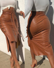 Load image into Gallery viewer, Button Slit PU Leather Midi Skirt
