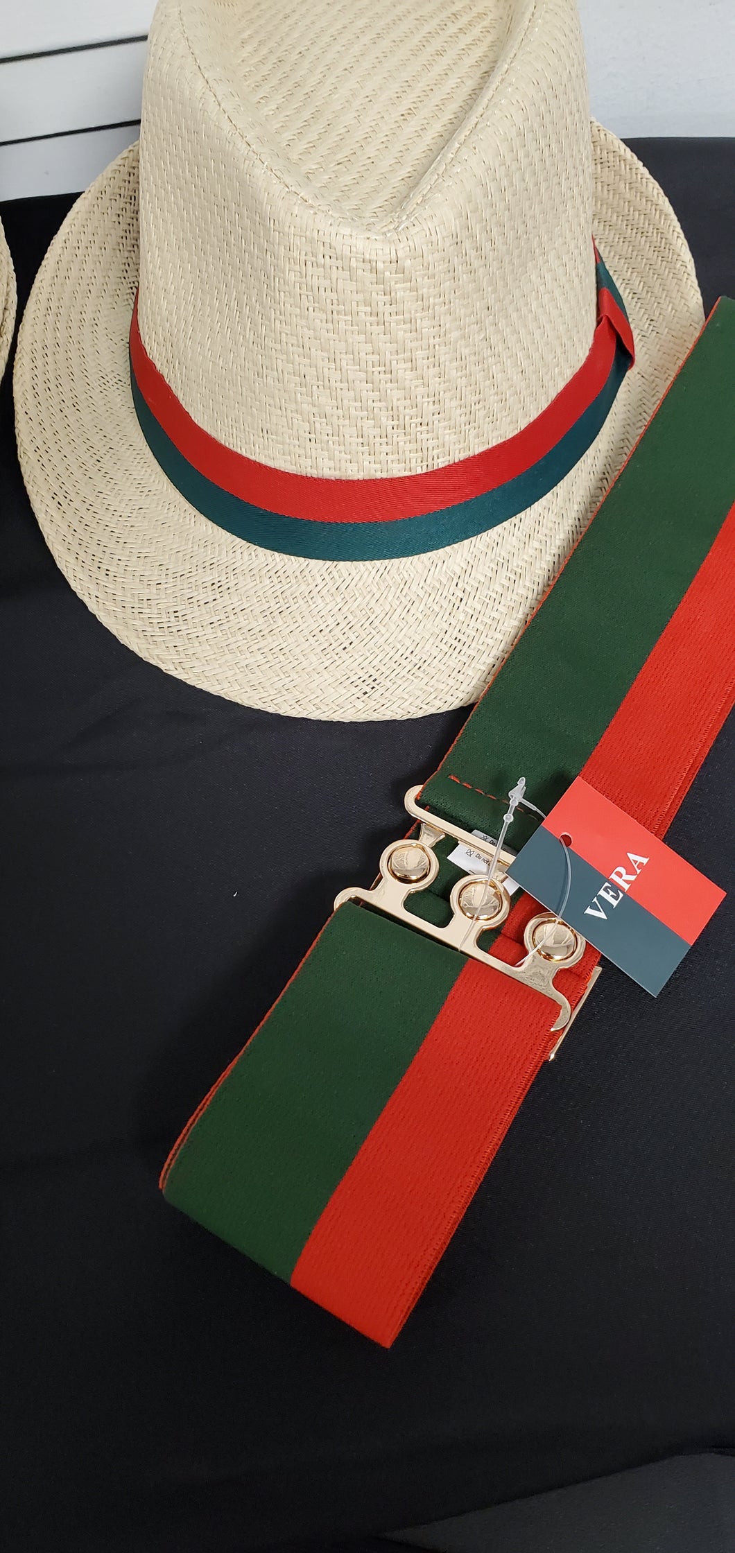 Combo:  Ivory Fedora Hat with Vera Designer Stripe Belt