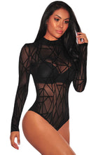 Load image into Gallery viewer, Black Sheer Mesh Geometric Velvet Bodysuit
